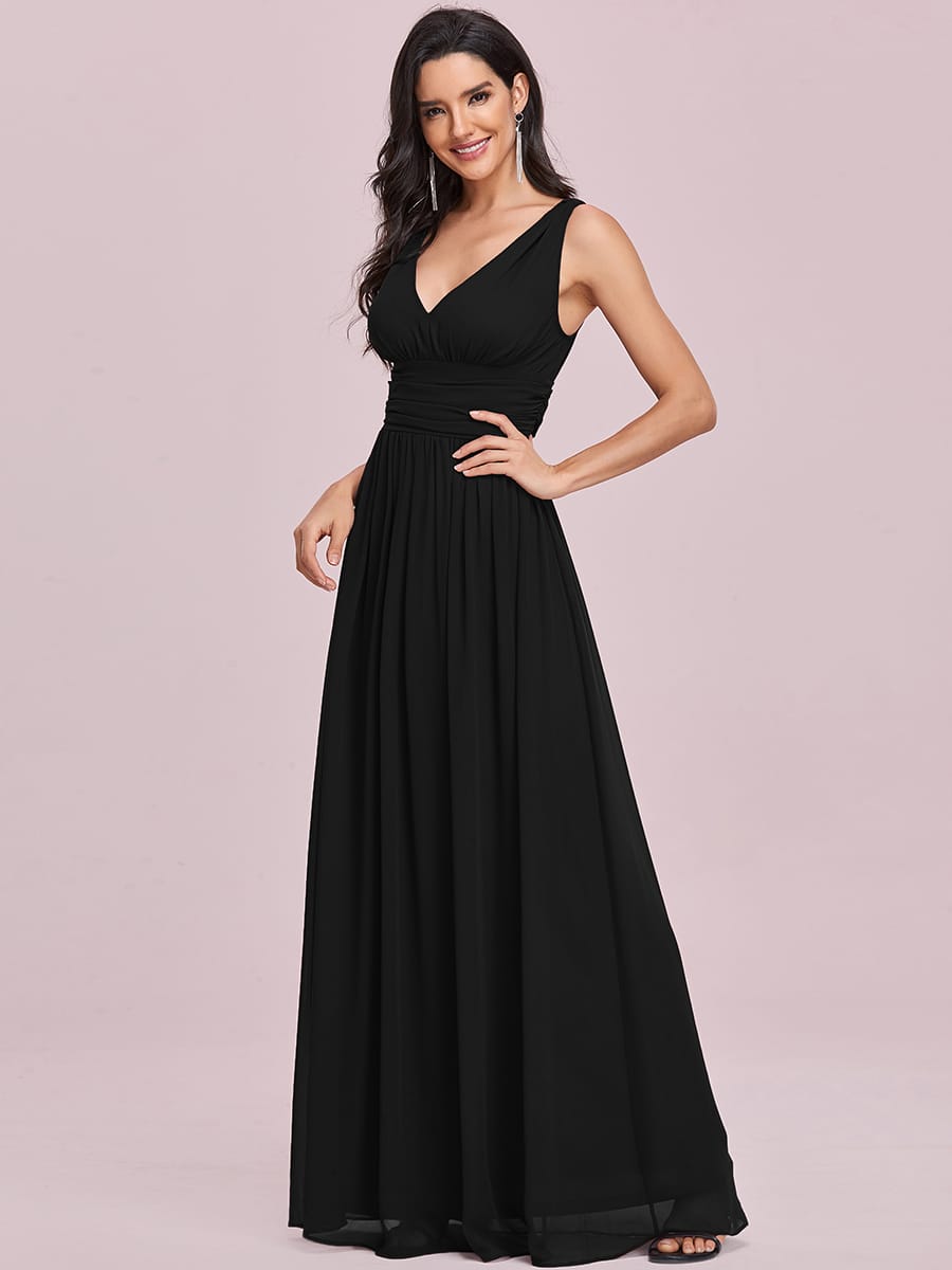 V Neck Sleeveless Pleated Chiffon Maxi Evening Dress #color_Black