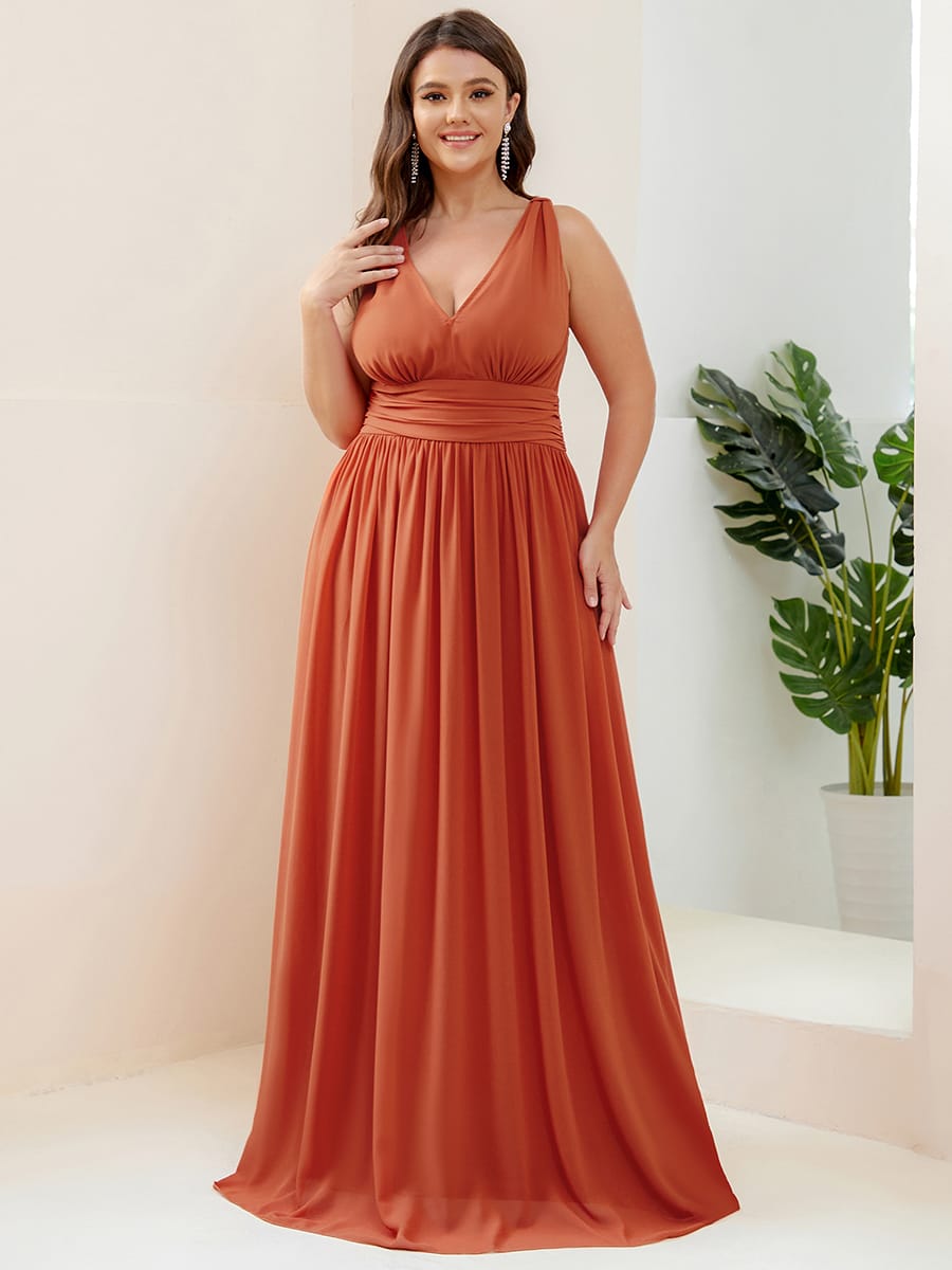 Elegant V Neck A Line Chiffon Maxi Bridesamid Dresses #color_Burnt Orange