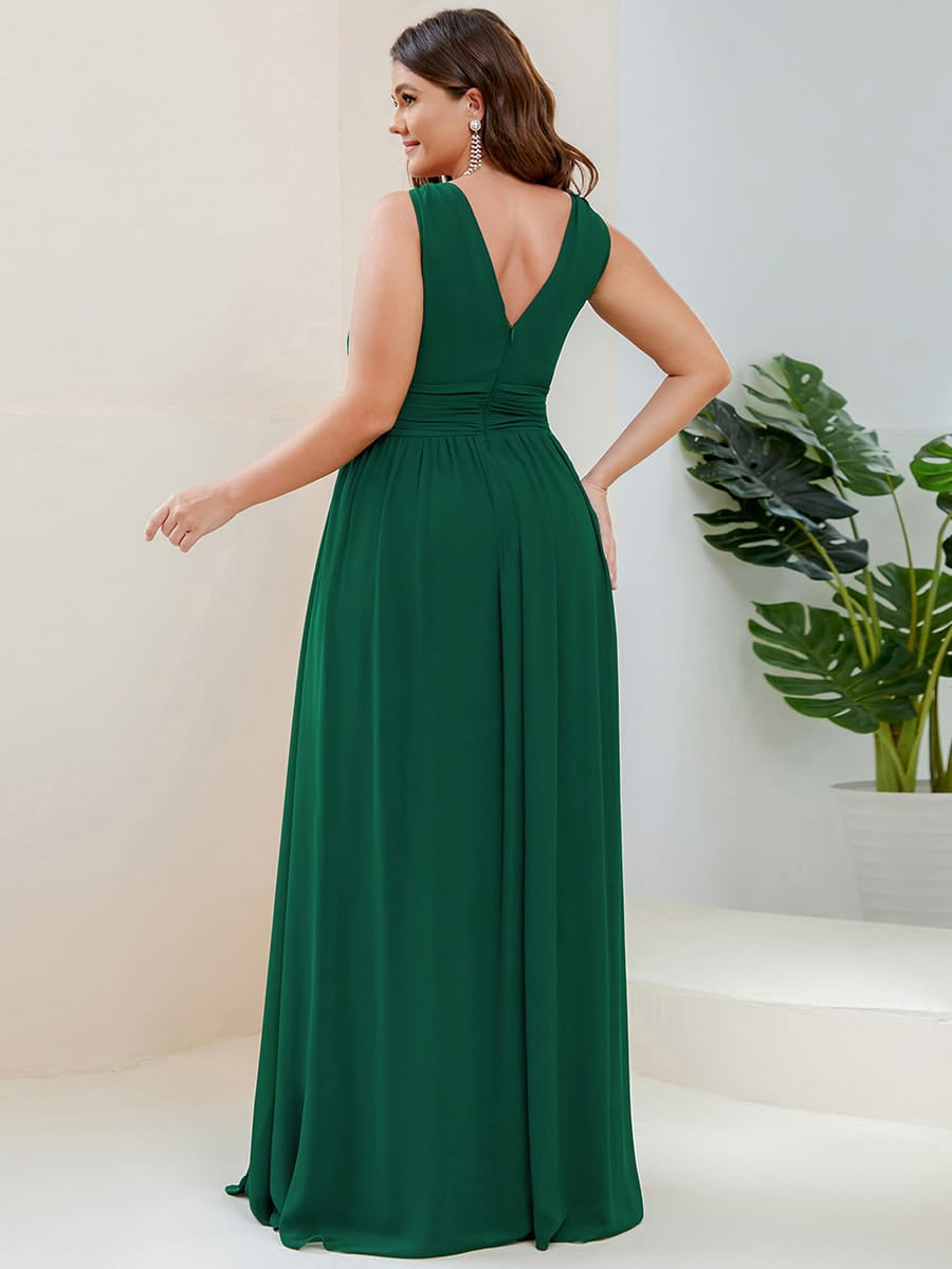 V Neck Sleeveless Pleated Chiffon Maxi Evening Dress #color_Dark Green