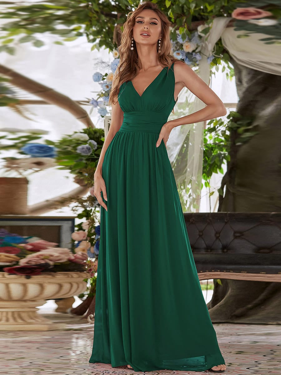 V Neck Sleeveless Pleated Chiffon Maxi Evening Dress #color_Dark Green