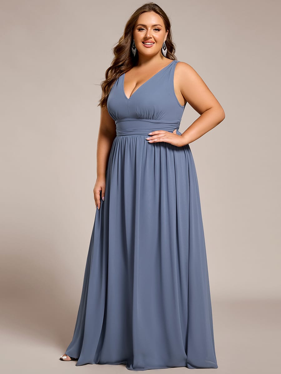V Neck Sleeveless Pleated Chiffon Evening Dress #color_Dusty Blue