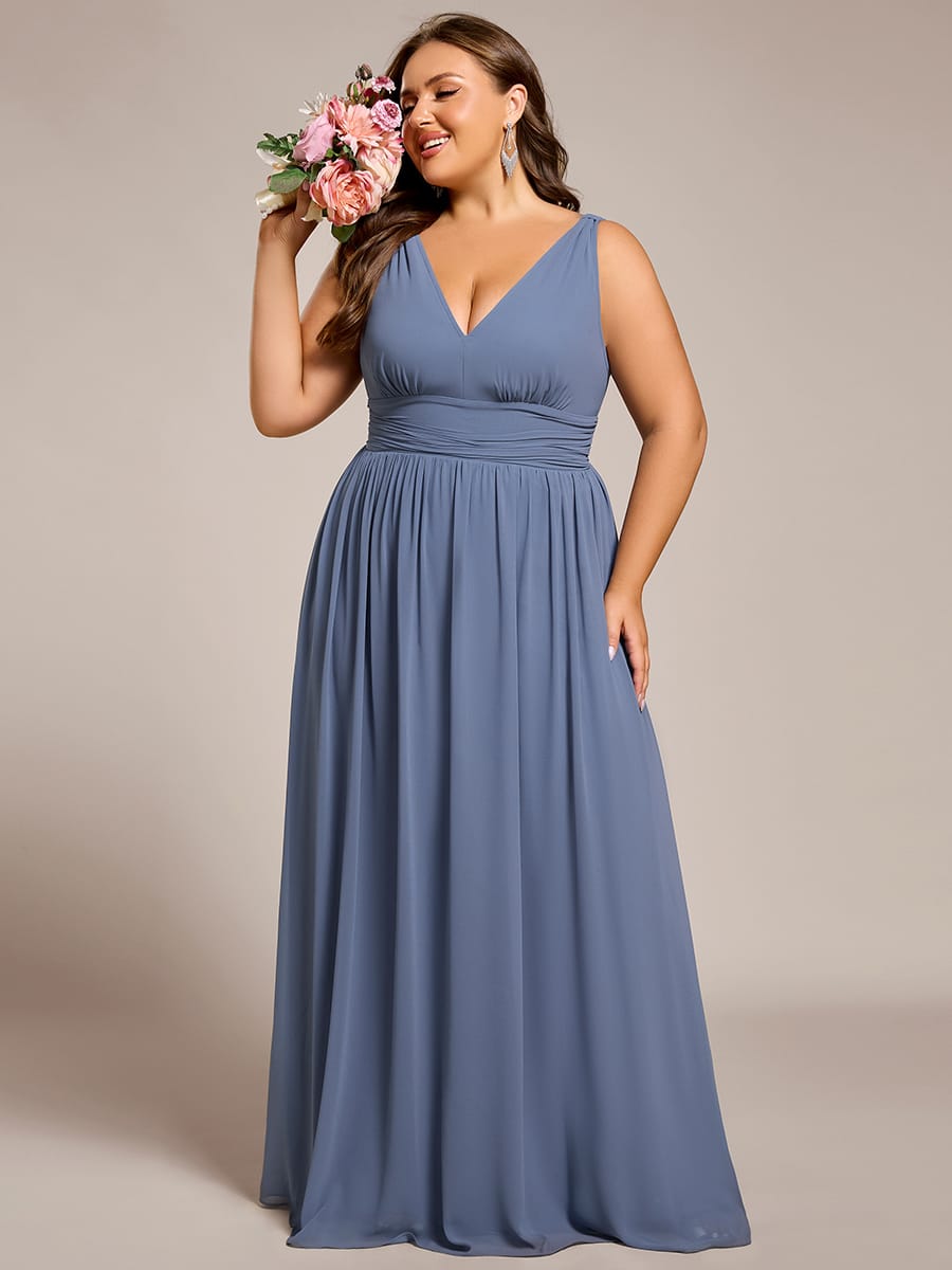 V Neck Sleeveless Pleated Chiffon Evening Dress #color_Dusty Blue