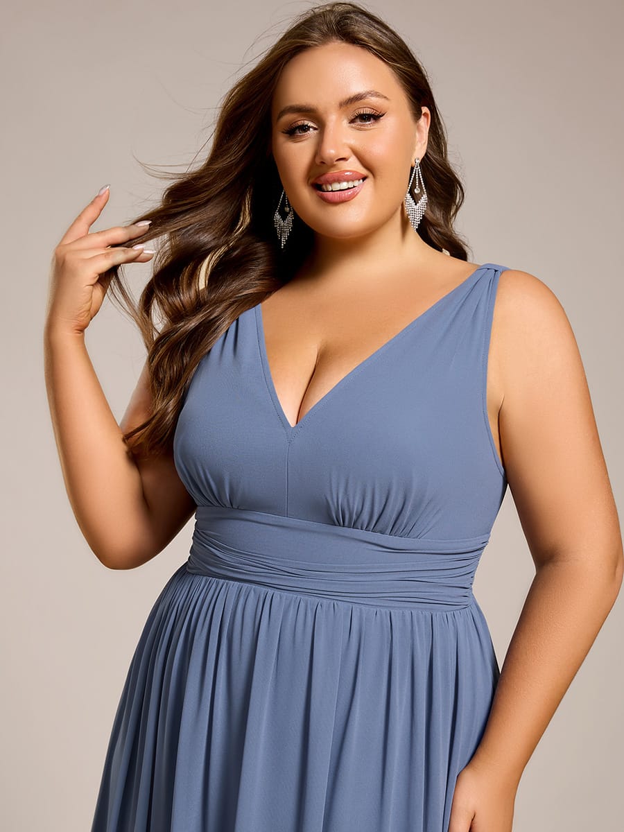 V Neck Sleeveless Pleated Chiffon Evening Dress #color_Dusty Blue