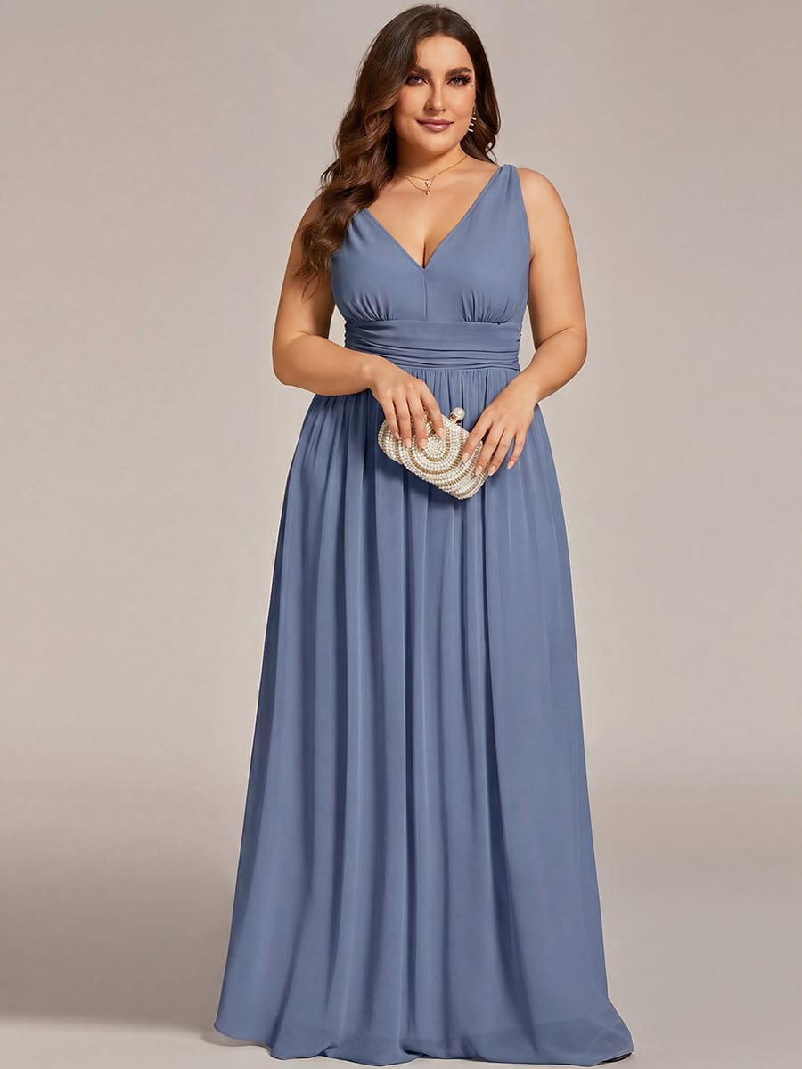 V Neck Sleeveless Pleated Chiffon Evening Dress #color_Dusty Blue