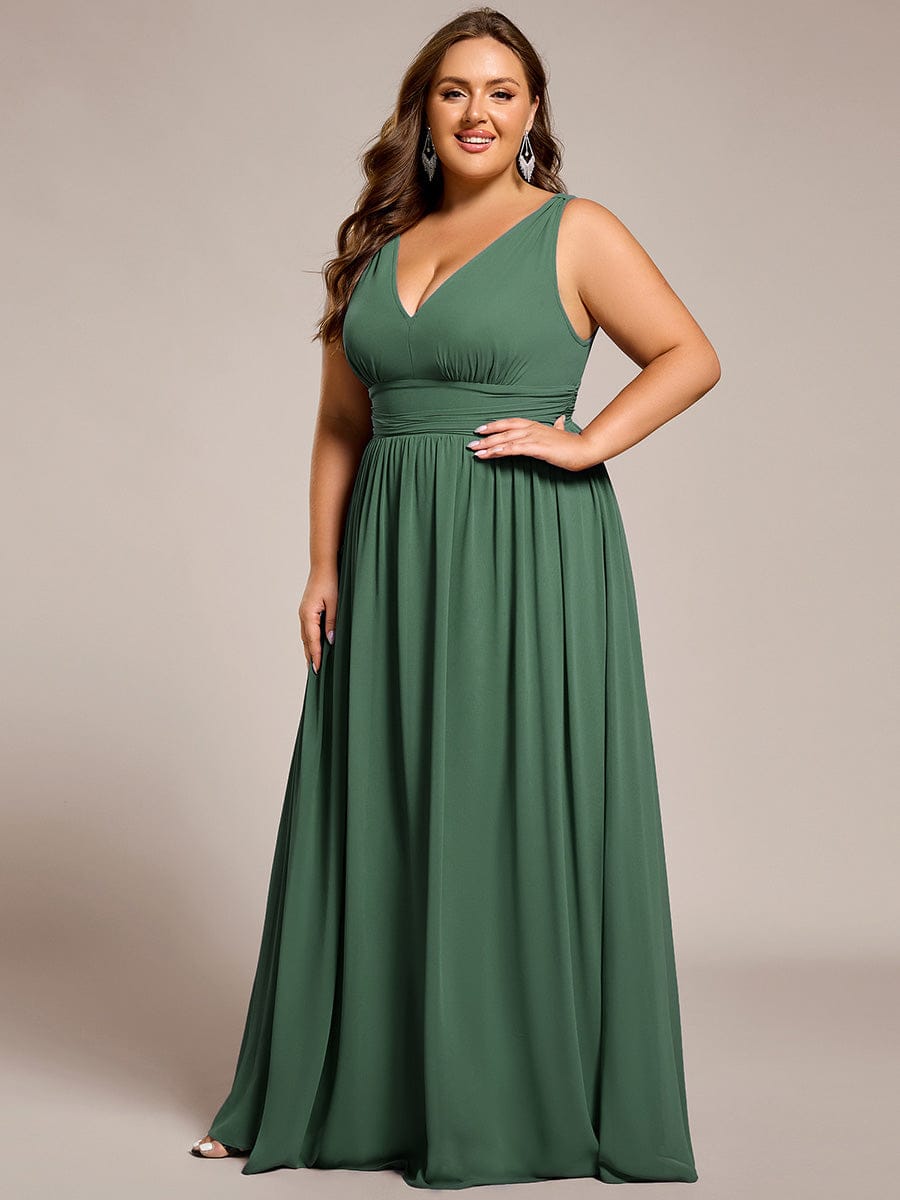 V Neck Sleeveless Pleated Chiffon Maxi Evening Dress #color_Eucalyptus Green