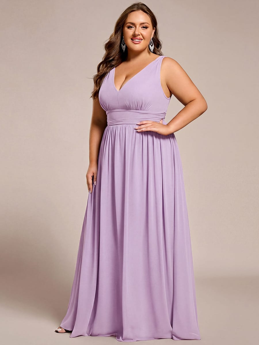 V Neck Sleeveless Pleated Chiffon Evening Dress #color_Frosted Lilac