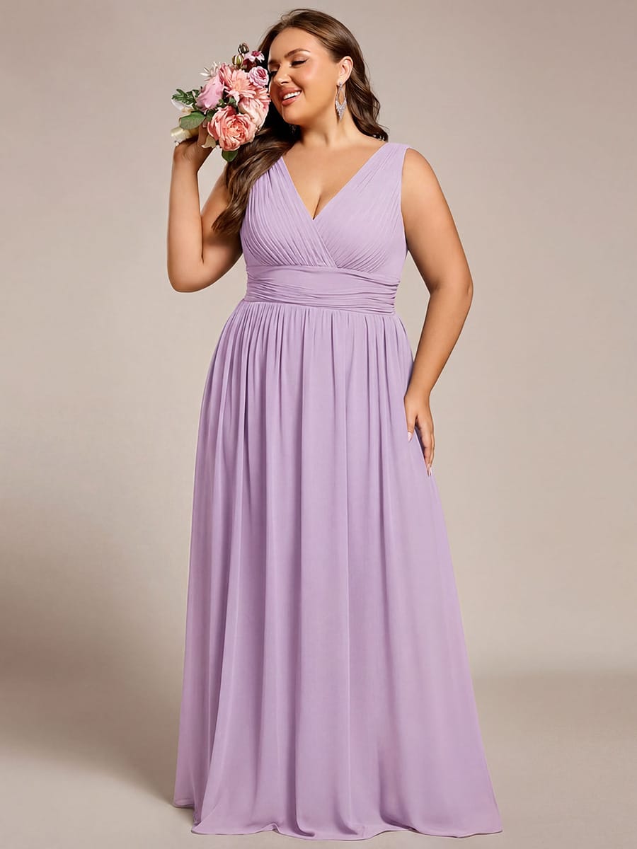 V Neck Sleeveless Pleated Chiffon Evening Dress #color_Frosted Lilac