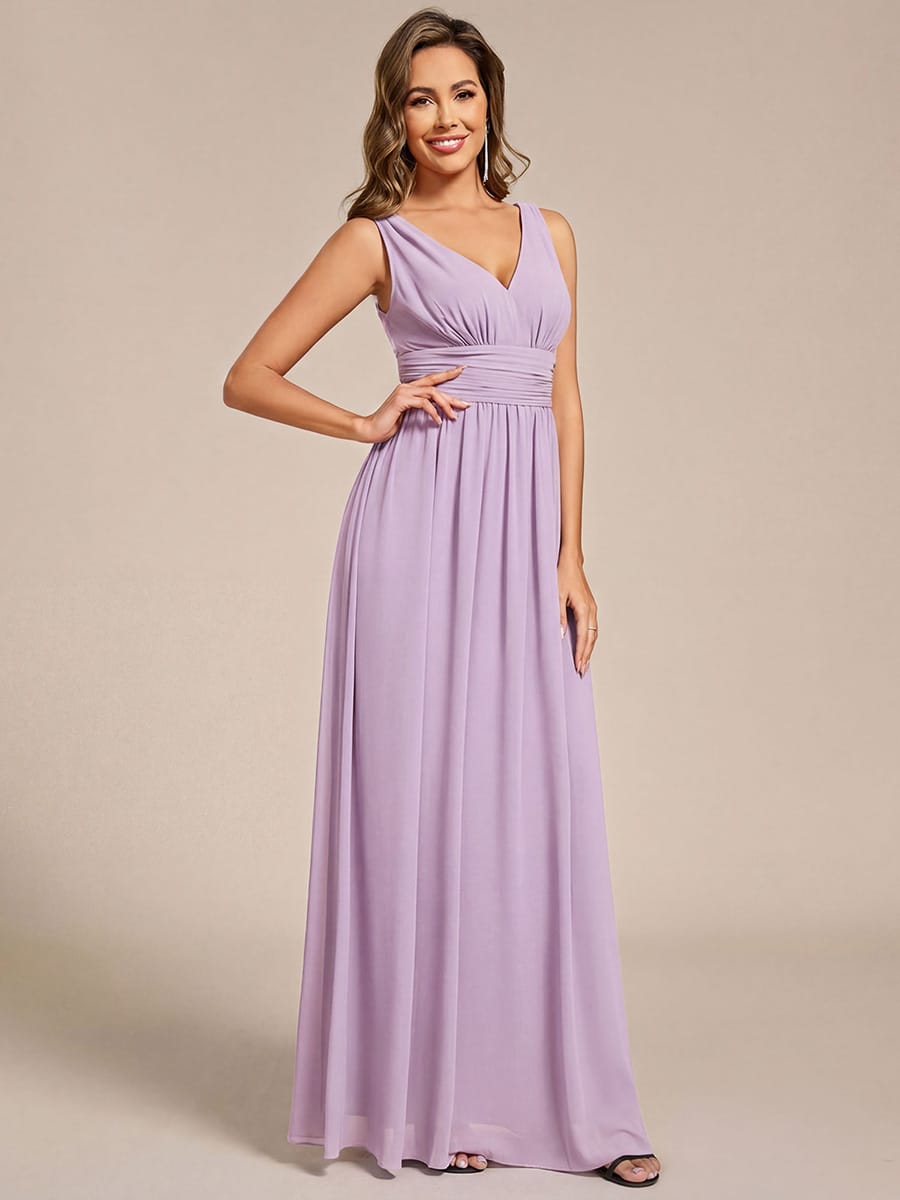 V Neck Sleeveless Pleated Chiffon Evening Dress #color_Frosted Lilac