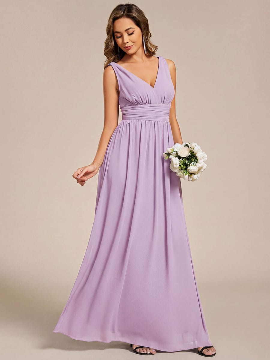V Neck Sleeveless Pleated Chiffon Evening Dress #color_Frosted Lilac