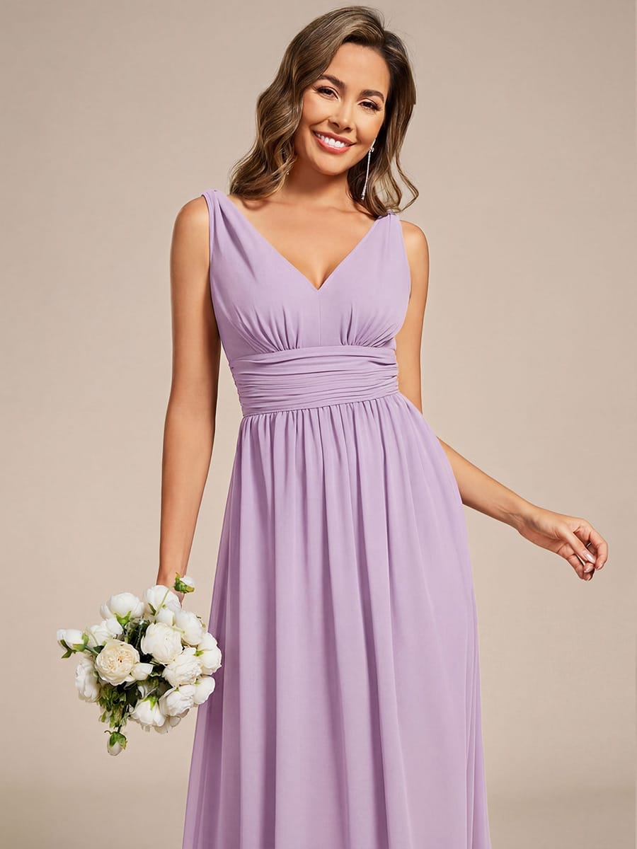 V Neck Sleeveless Pleated Chiffon Evening Dress #color_Frosted Lilac