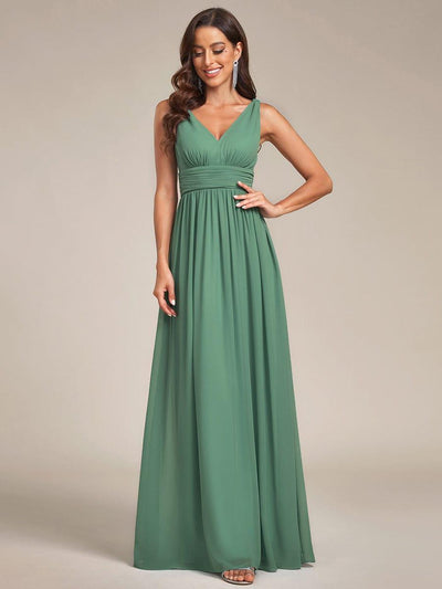 V Neck Sleeveless Pleated Chiffon Maxi Evening Dress #color_Green Bean
