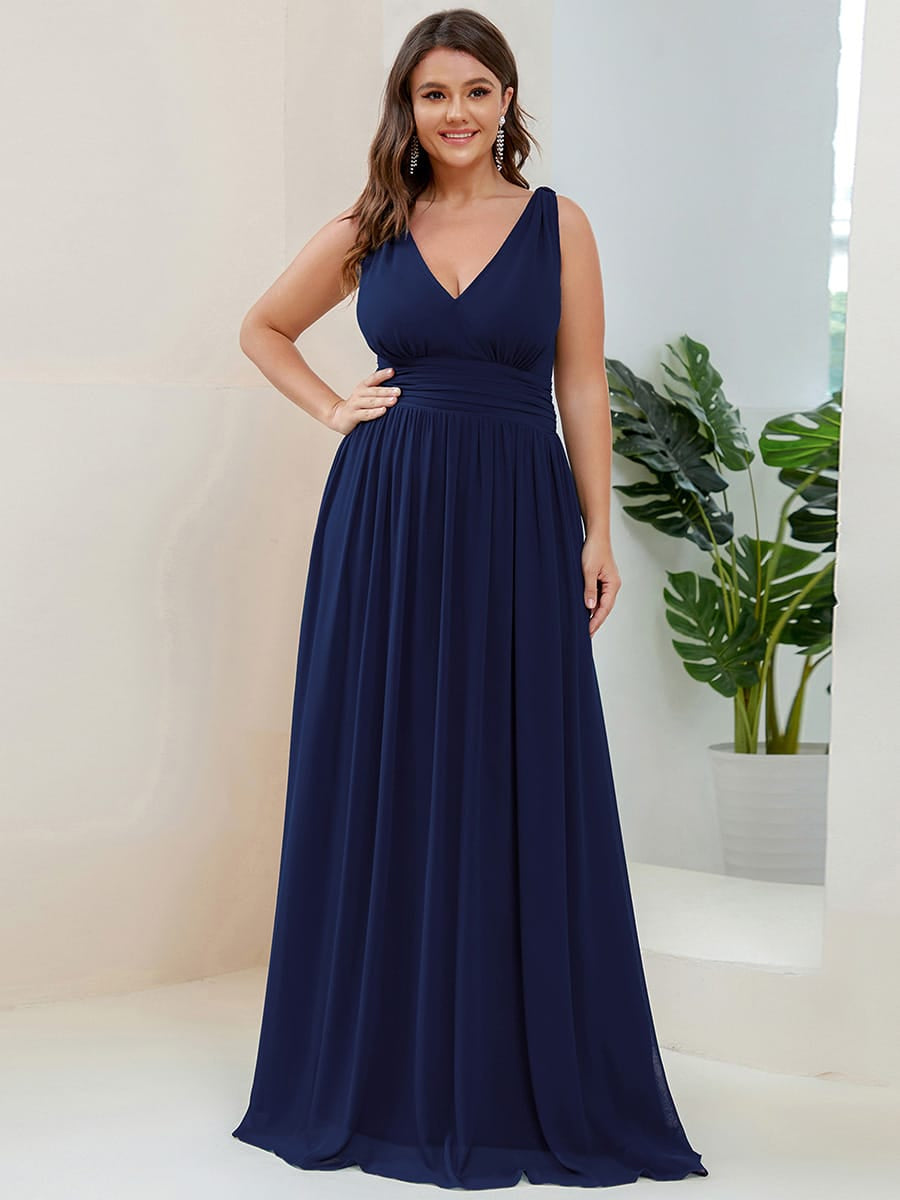V Neck Sleeveless Pleated Chiffon Maxi Evening Dress #color_Navy Blue