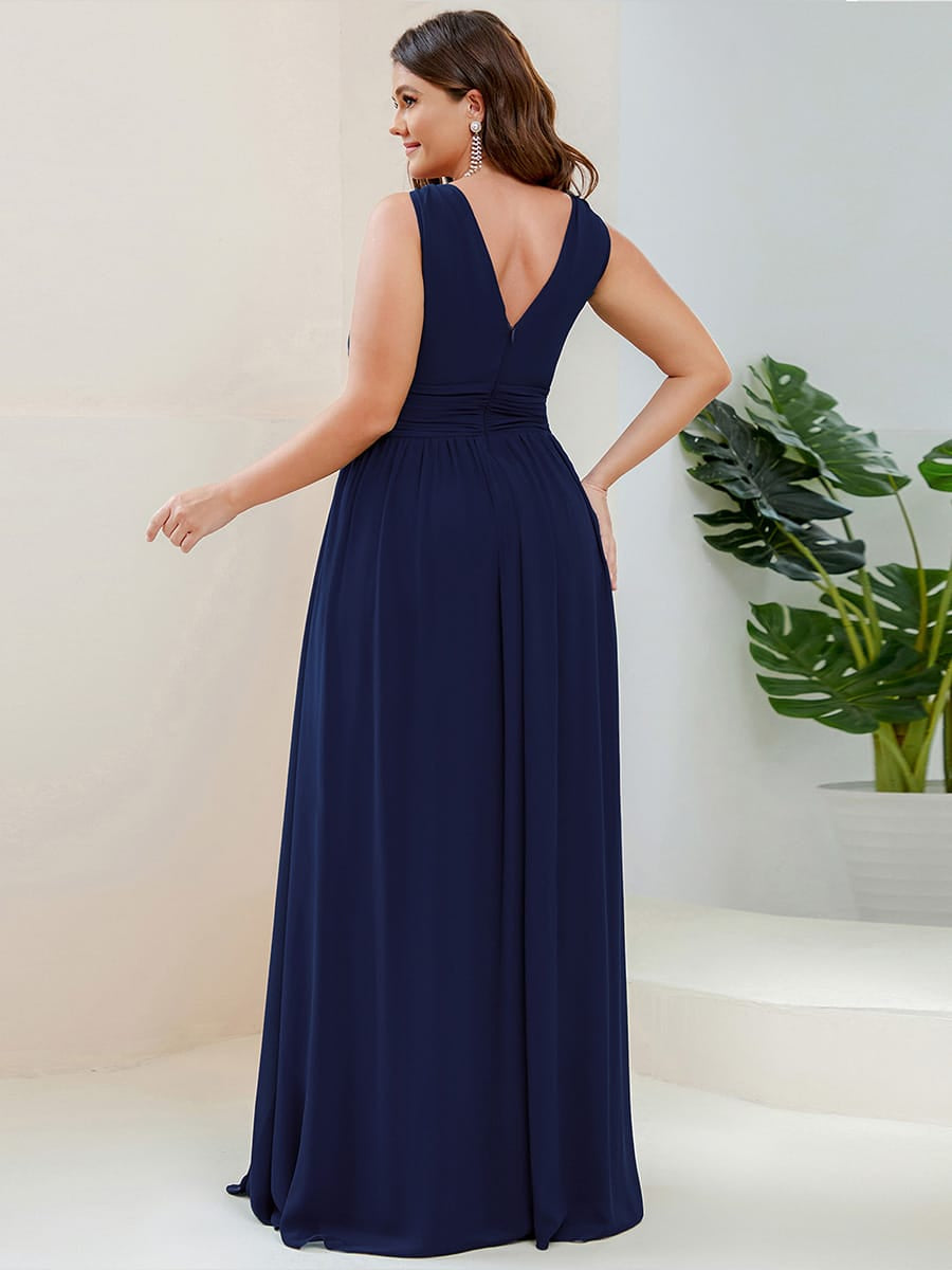 Elegant V Neck A Line Chiffon Maxi Bridesamid Dresses #color_Navy Blue