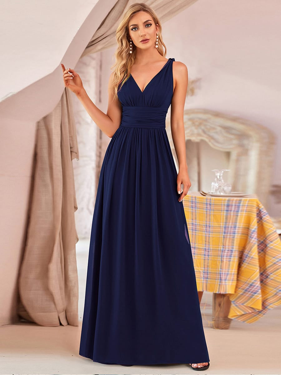 Elegant V Neck A Line Chiffon Maxi Bridesamid Dresses #color_Navy Blue