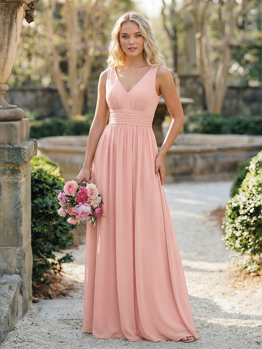 Elegant V Neck A Line Chiffon Maxi Bridesamid Dresses #color_Pink