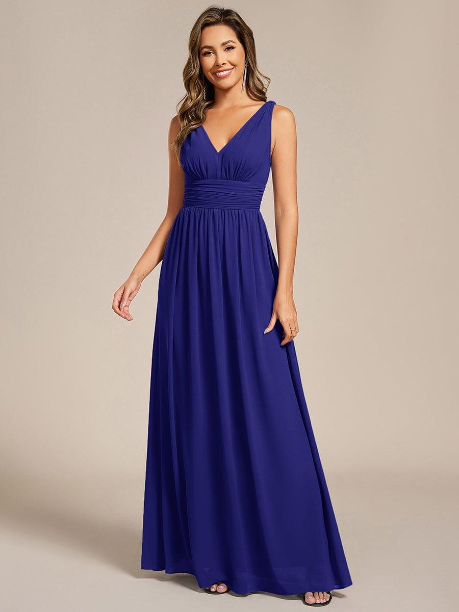 V Neck Sleeveless Pleated Chiffon Maxi Evening Dress #color_Sapphire Blue