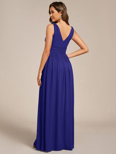 V Neck Sleeveless Pleated Chiffon Maxi Evening Dress #color_Sapphire Blue
