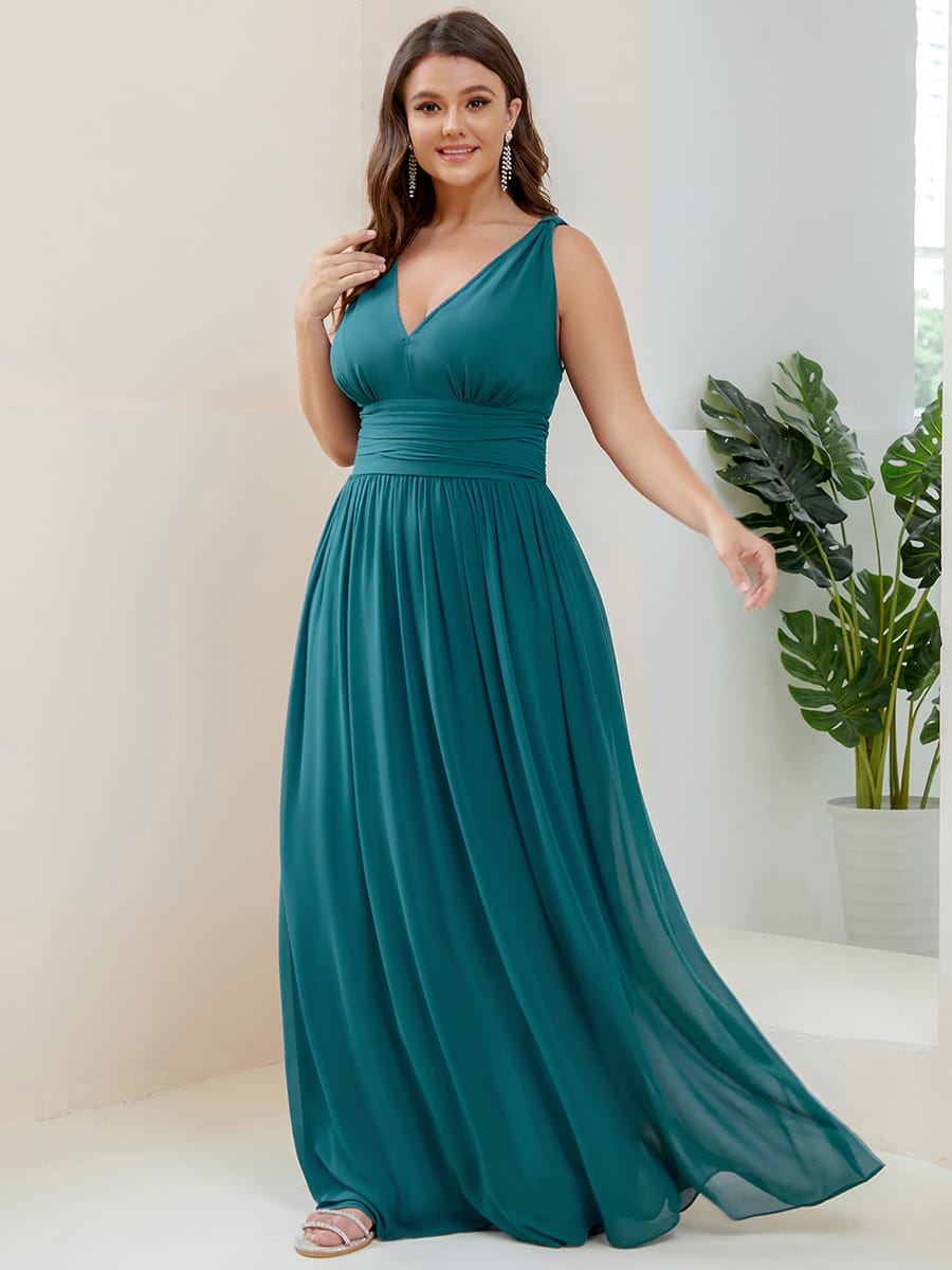 V Neck Sleeveless Pleated Chiffon Maxi Evening Dress #color_Teal