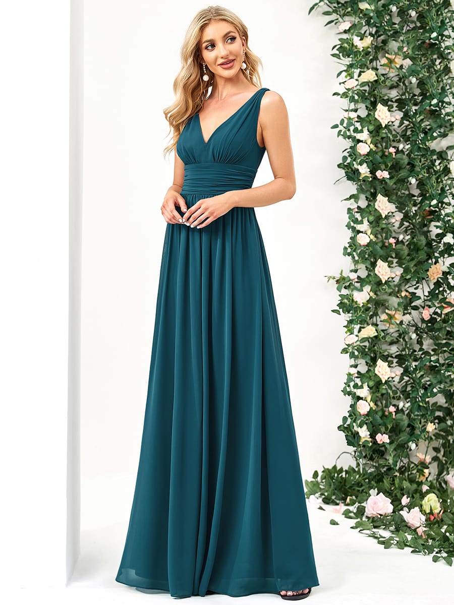 V Neck Sleeveless Pleated Chiffon Maxi Evening Dress #color_Teal