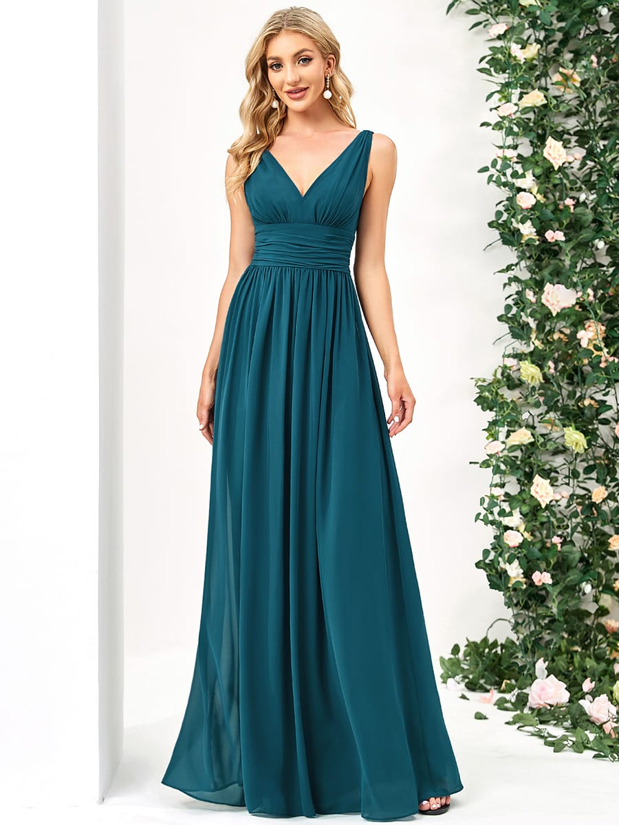 V Neck Sleeveless Pleated Chiffon Maxi Evening Dress #color_Teal