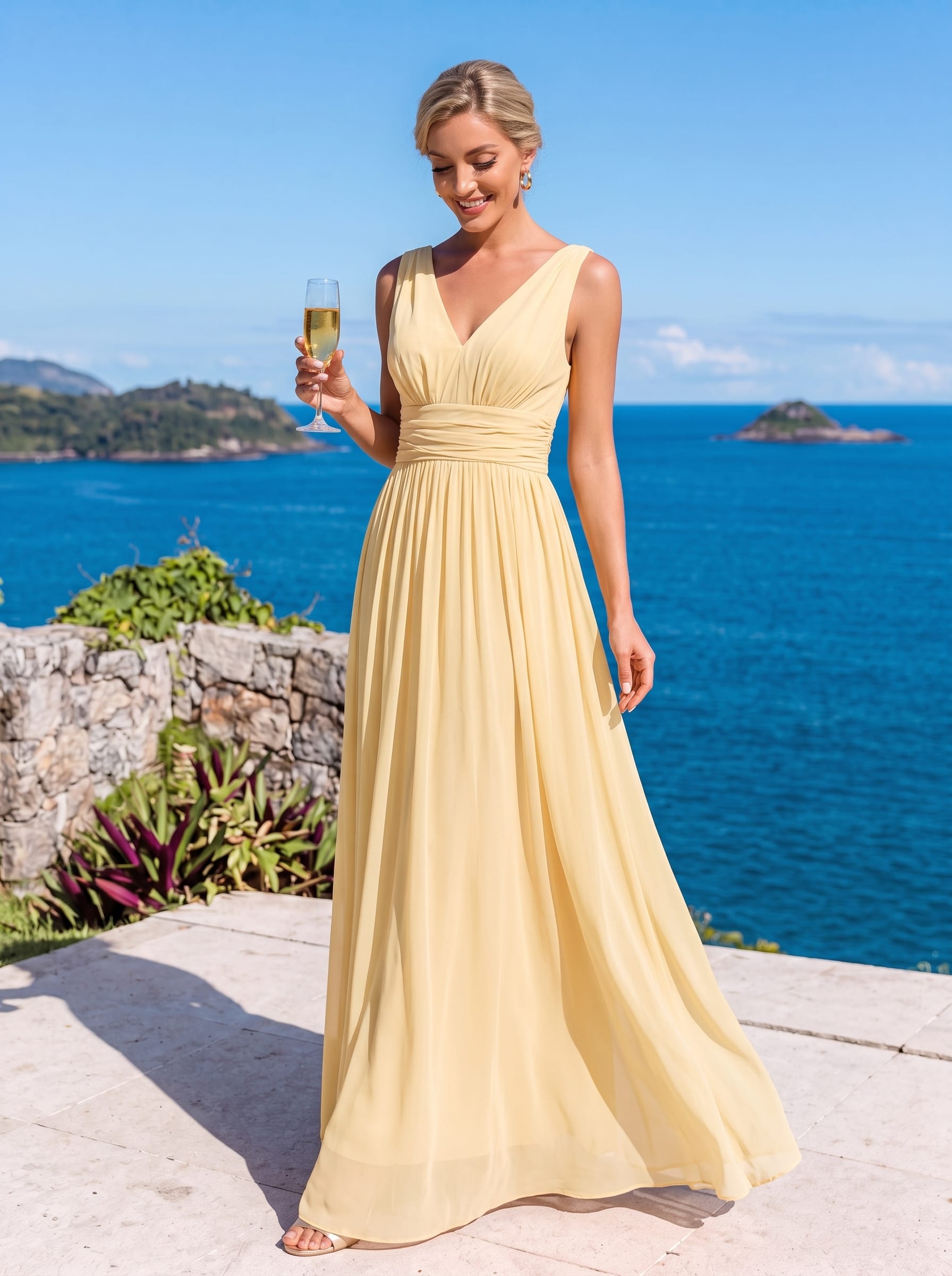 V Neck Sleeveless Pleated Chiffon Evening Dress #color_Yellow