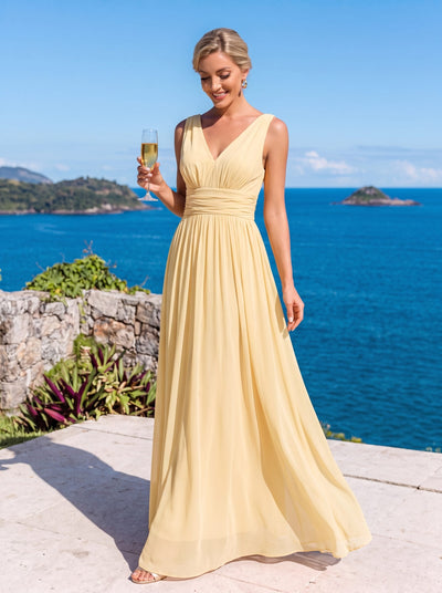 ever HUSH|V Neck Sleeveless Pleated Chiffon Evening Dress (Final Sale)
