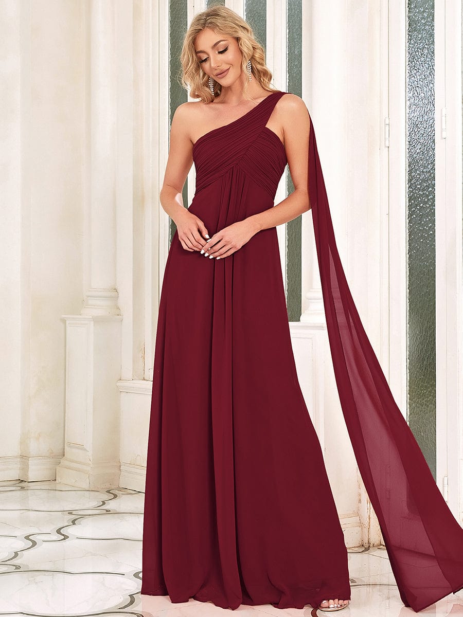 One Shoulder Maxi Bridesmaid Dresses #color_Burgundy
