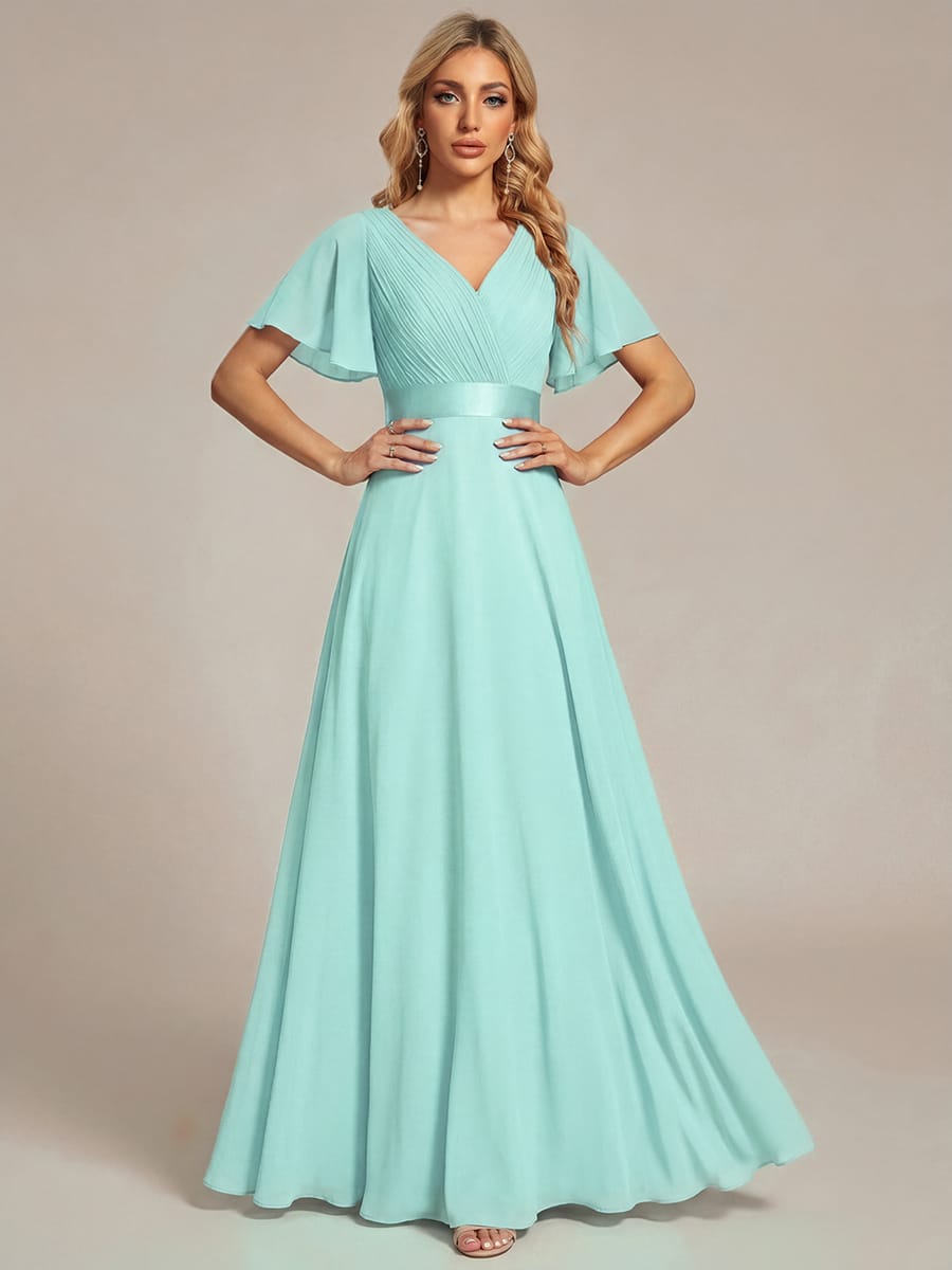 High Waist Short Sleeves Bridesmaid Dress #color_Pastel Blue