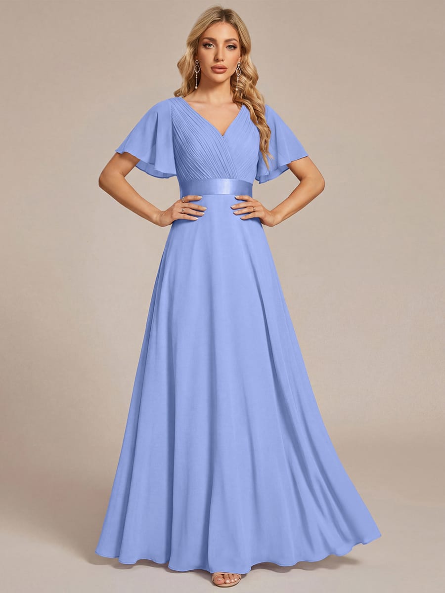 High Waist Short Sleeves Bridesmaid Dress #color_Cornflower Blue