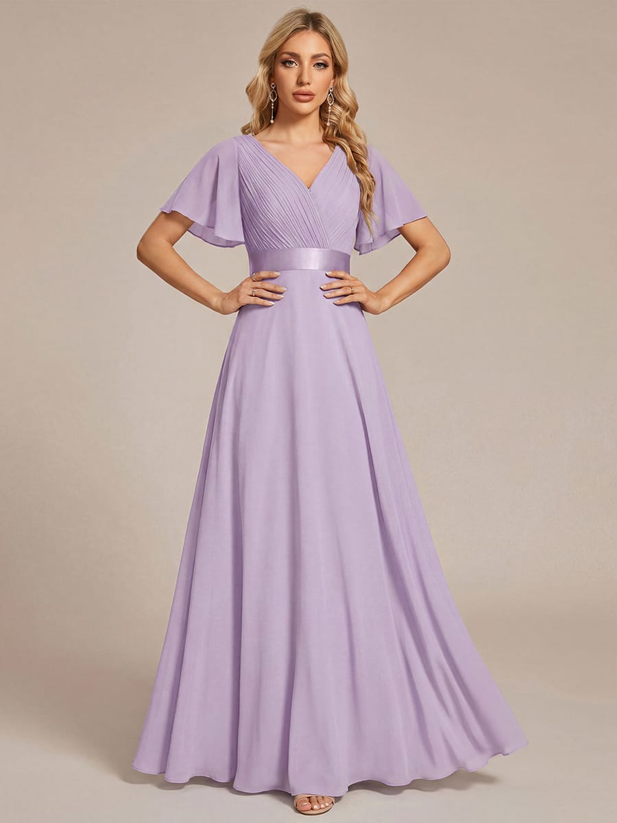 High Waist Short Sleeves Bridesmaid Dress #color_Frosted Lilac