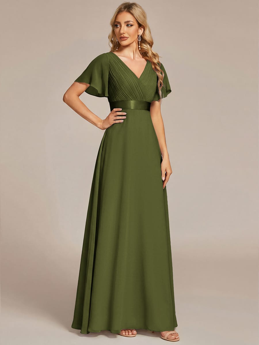High Waist Short Sleeves Bridesmaid Dress #color_Olive Green