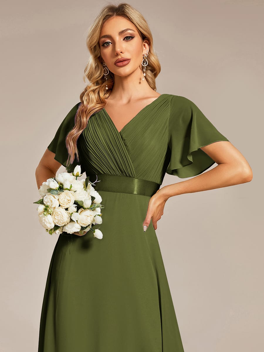 High Waist Short Sleeves Bridesmaid Dress #color_Olive Green