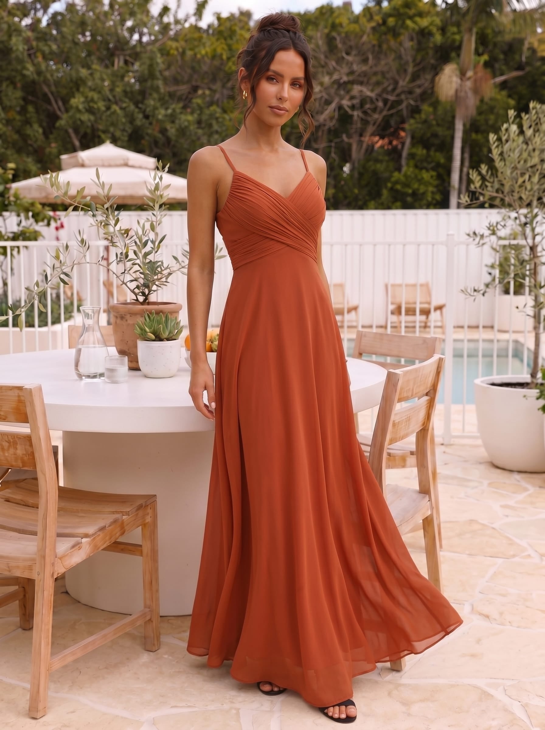 Sweetheart Draped Back Floor Length Bridesmaid Dress #color_Burnt Orange