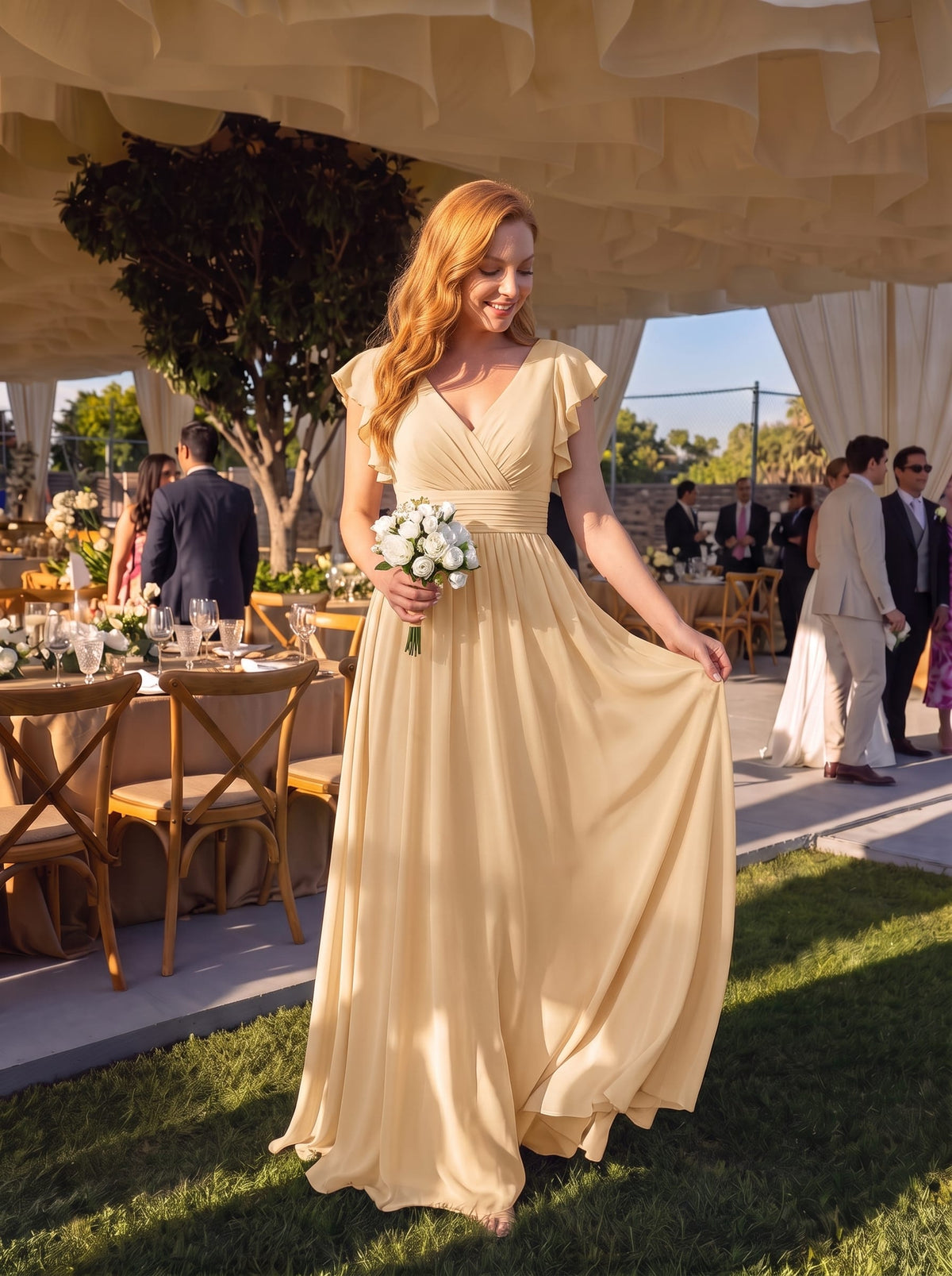 Elegant V-Neck Open Back Chiffon Bridesmaid Dress with Ruffled Sleeves #color_Yellow