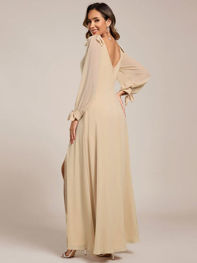 Gentle Split Sleeve Low Back Thigh Slit Bridesmaid Dress #color_Champagne