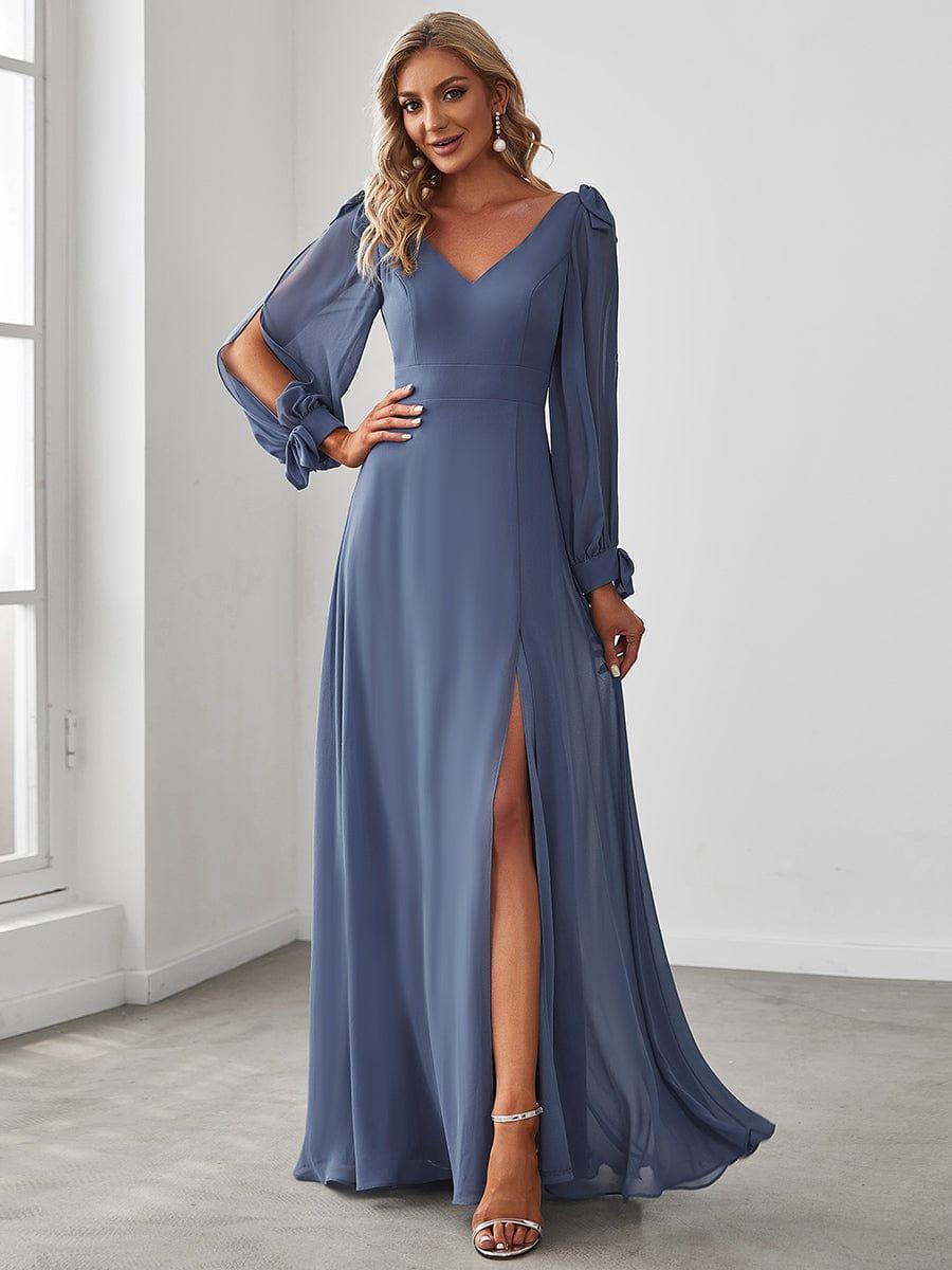 Long Sleeve V-neck A-line Chiffon Dress in Dusty Blue