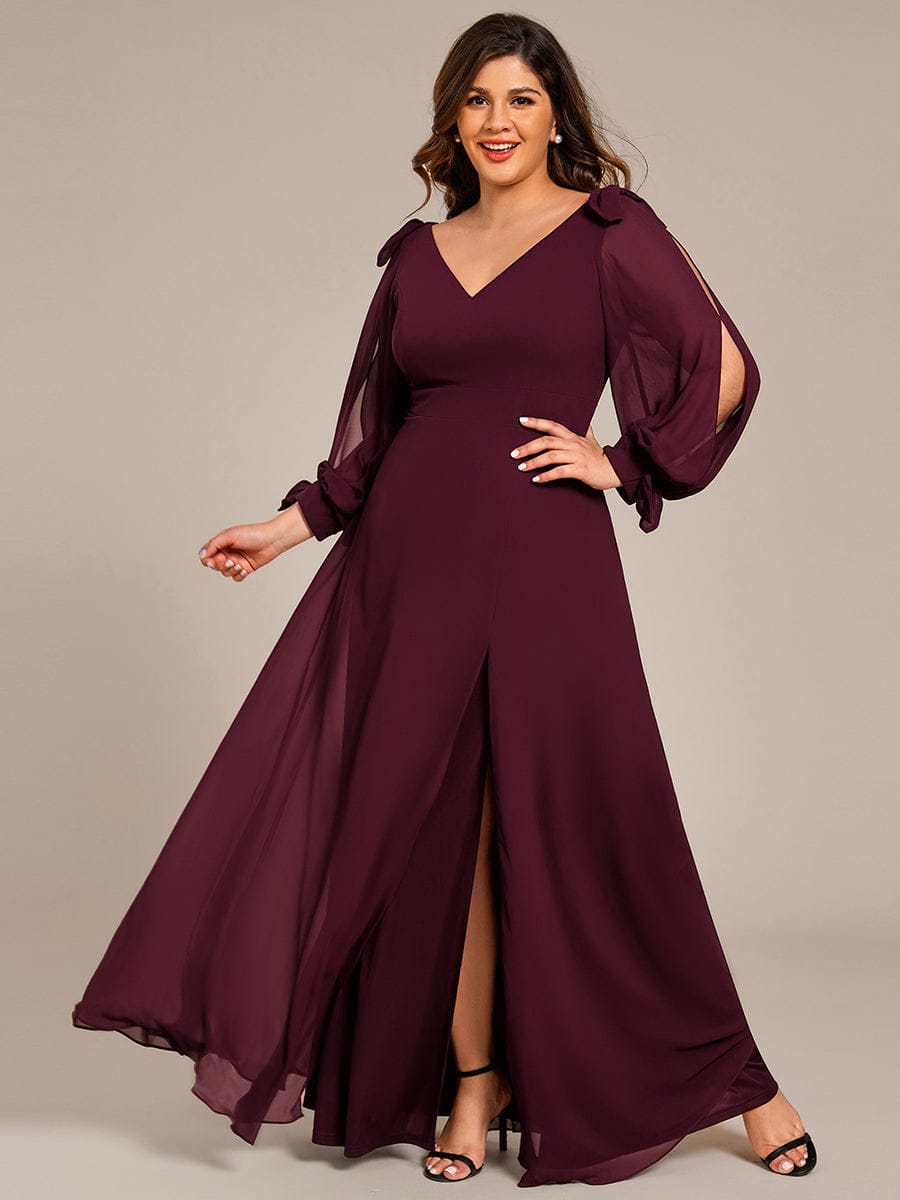 Gentle Split Low Back Thigh Slit Long Sleeve Wedding Guest Dress #color_Mulberry