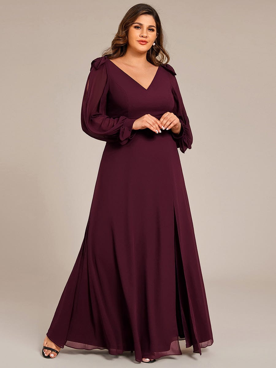 Gentle Split Sleeve Low Back Thigh Slit Dress in Dark Green #color_Mulberry