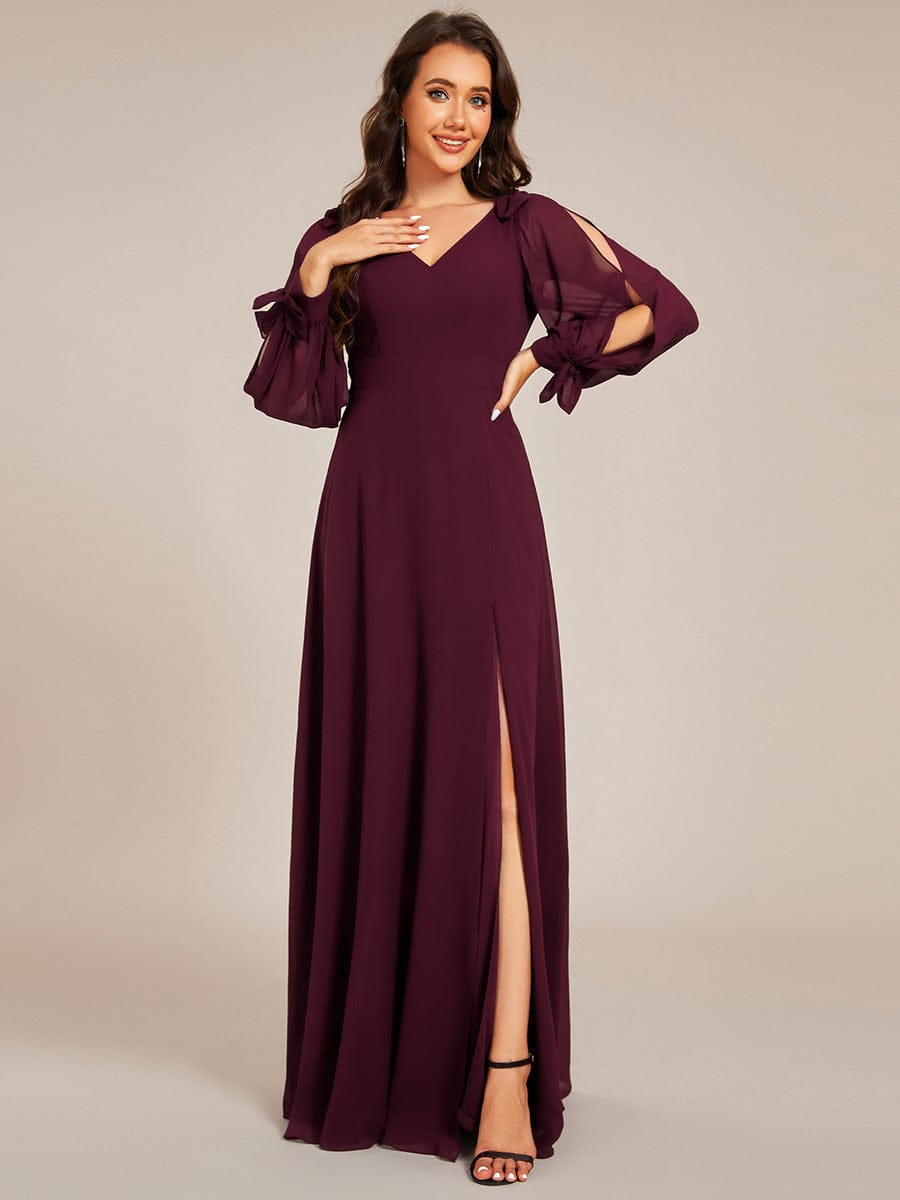 Gentle Split Sleeve Low Back Thigh Slit Dress in Dark Green #color_Mulberry