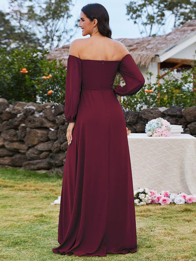 Long-Sleeved Chiffon Off Shoulder Evening Dresses with High Slit #color_Burgundy