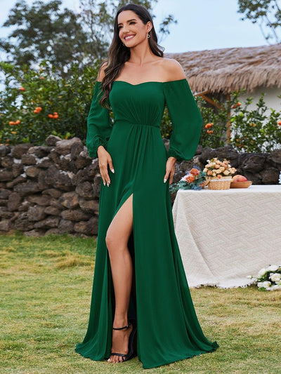 Long-Sleeved Chiffon Off Shoulder Wedding Guest Dresses with High Slit #color_Dark Green