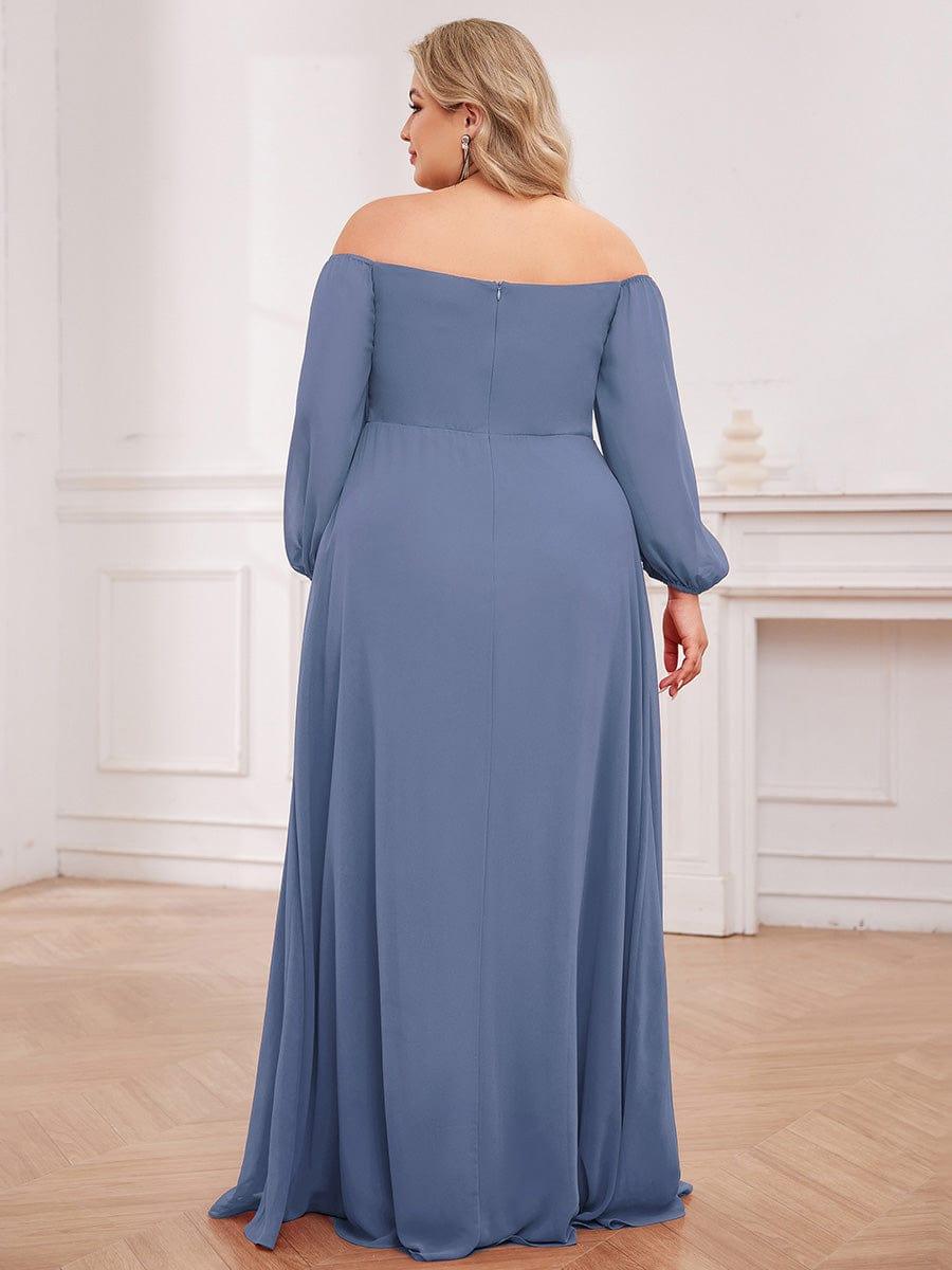 Long-Sleeved Chiffon Off Shoulder Bridesmaid Dresses with High Slit in Dusty Blue #color_Dusty Blue
