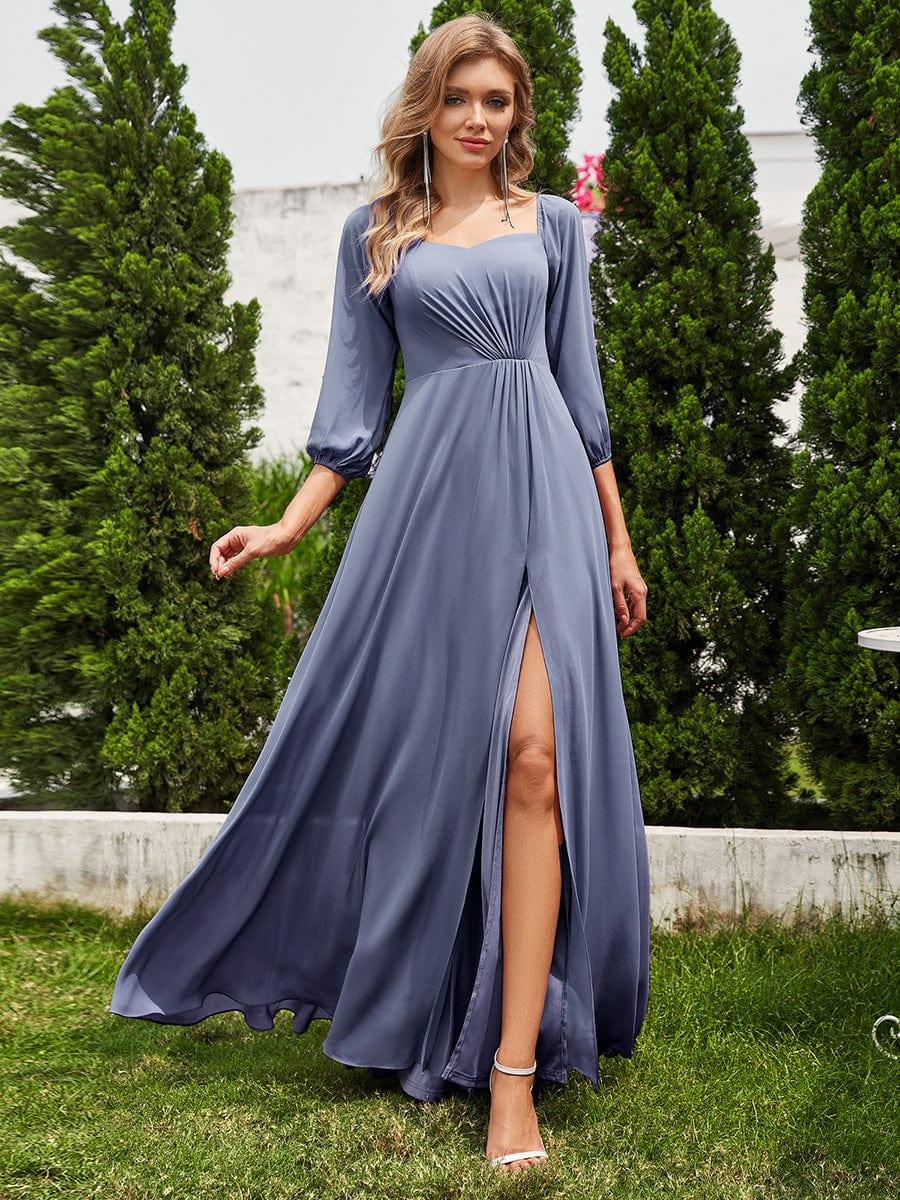 Long-Sleeved Chiffon Off Shoulder Wedding Guest Dresses with High Slit #color_Dusty Blue
