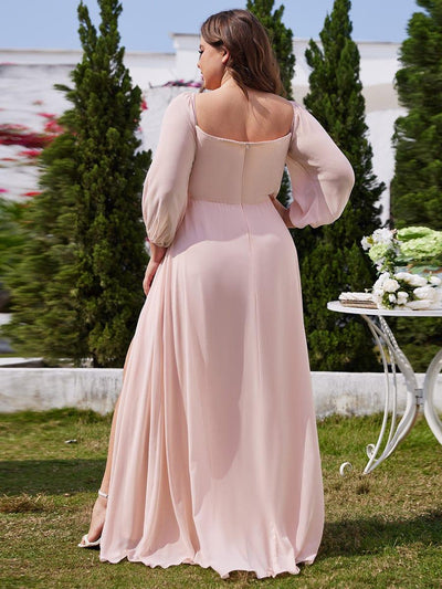 Plus Size Long-Sleeved Chiffon Off Shoulder Bridesmaid Dresses with High Slit #color_Pink