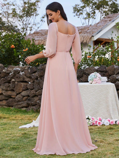 Long-Sleeved Chiffon Off Shoulder Bridesmaid Dresses with High Slit #color_Pink