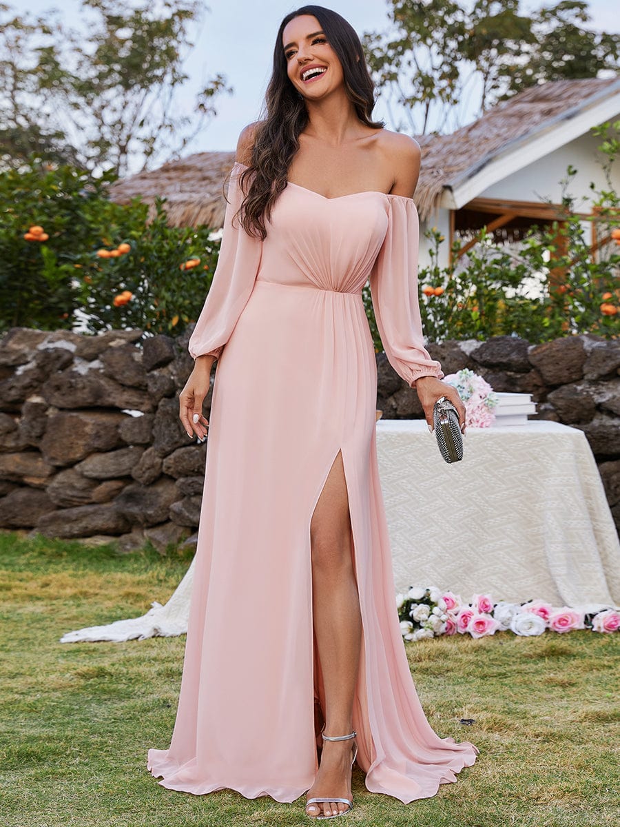 Long-Sleeved Chiffon Off Shoulder Bridesmaid Dresses with High Slit #color_Pink
