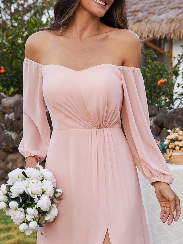 Chiffon Off-The-Shoulder Long Sleeves Dresses with Slit Turquoise