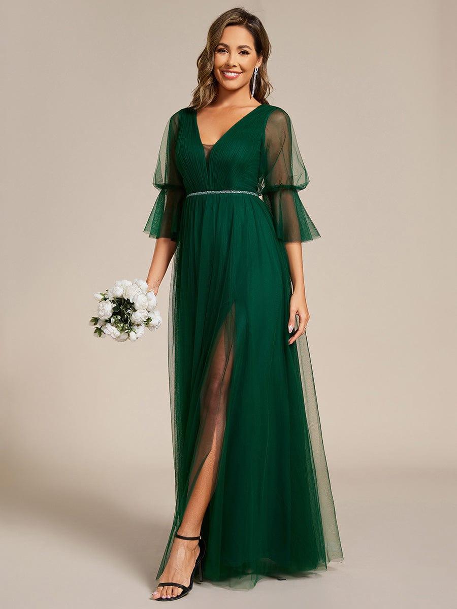 Pleated Deep V Neck 3/4 Sleeves Tulle Dress with Chain Waist in Dark Green - Ever-Pretty UK Pleated Deep V Neck 3/4 Sleeves Tulle Dress with Chain Waist in Dark Green - Ever-Pretty UK