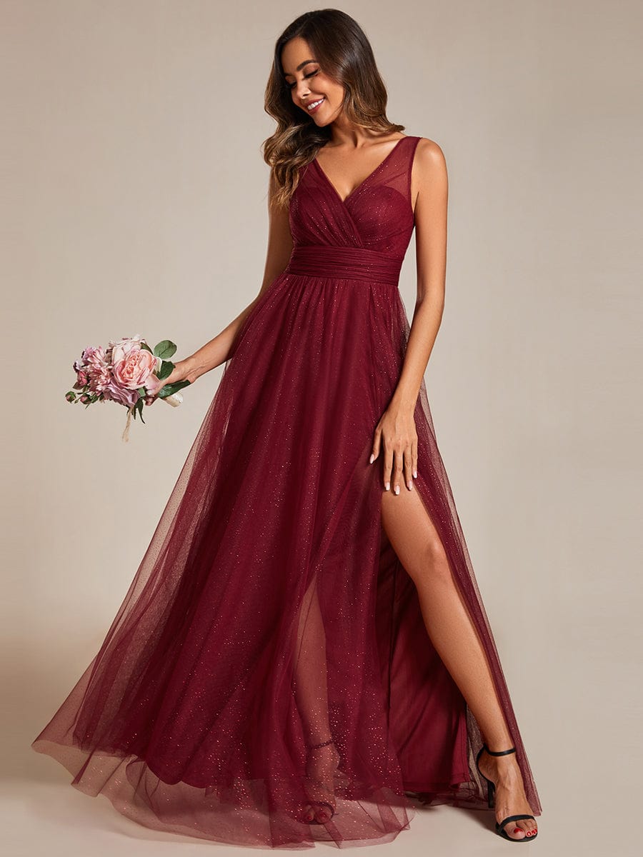 High Waist and Slit Glittering Bridesmaid Dress with V-Neck #color_Burgundy