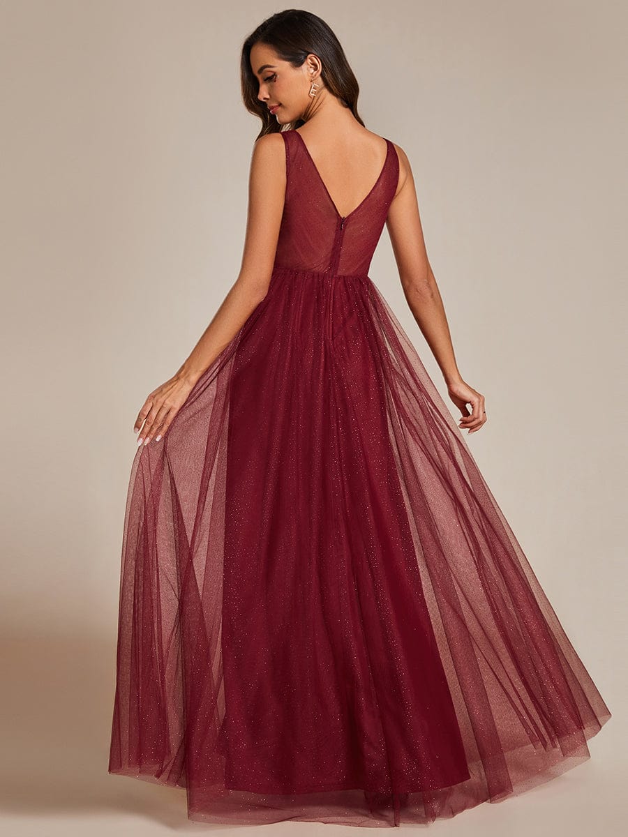 High Waist and Slit Glittering Bridesmaid Dress with V-Neck